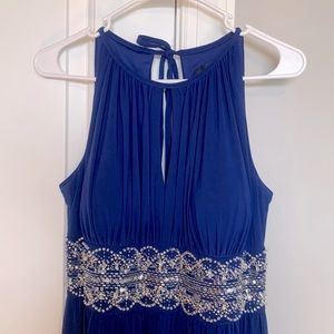 R&M Richards Beaded Waist Keyhole Neck Front Slit A-Line Gown, size 10 blue